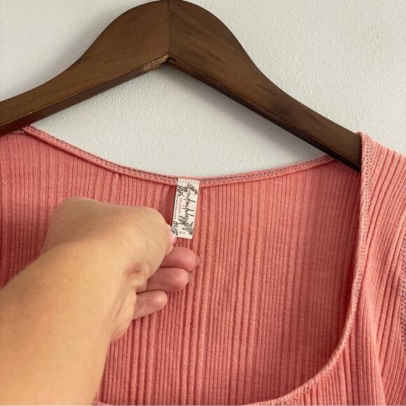 Free People | Women’s Move On Bodysuit Mooncake Pink Ribbed Long Sleeve Bow Cuff - Picture 3 of 8